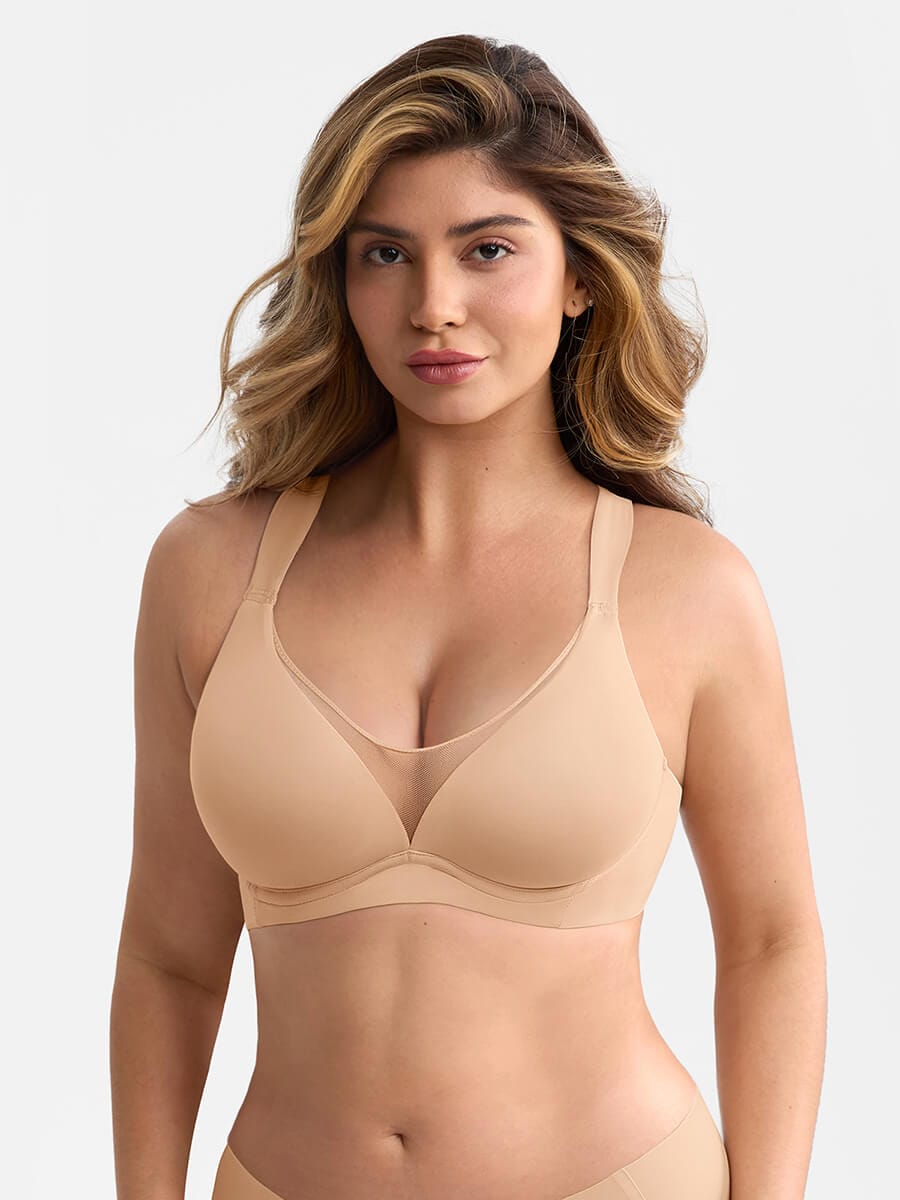 BBB Virtually Full Coverage Underwire Side Boning Mesh Plunge Minimizer Bra