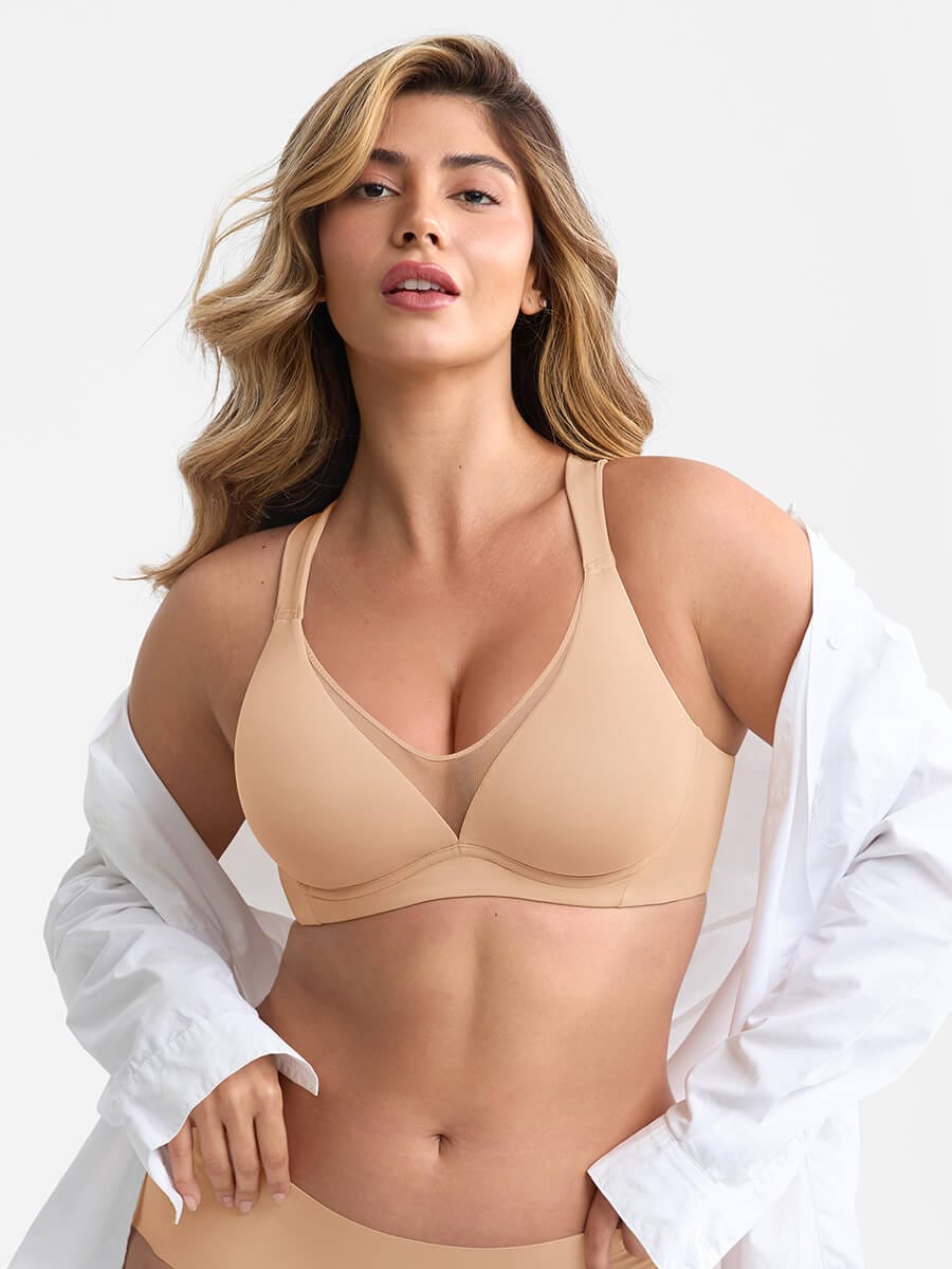 BBB Virtually Full Coverage Underwire Side Boning Mesh Plunge Minimizer Bra